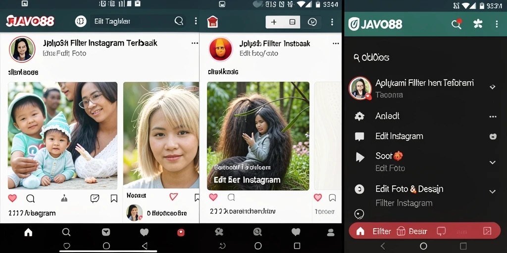 Antarmuka aplikasi JAVO88 dengan berbagai filter Instagram yang menarik.